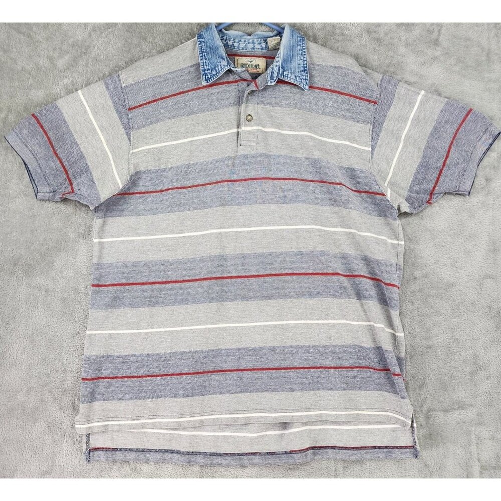 RedHead Shirt Mens XL Blue Gray Striped Casual Short Sleeve Polo 90s Vintage